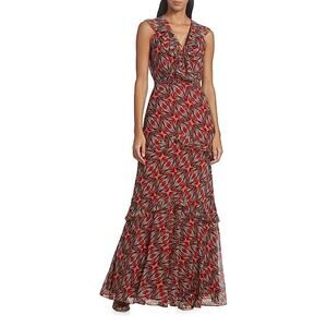 NWD Saloni Rita Printed Silk Ruffle Maxi Dress Size 4 Topaz #1B605